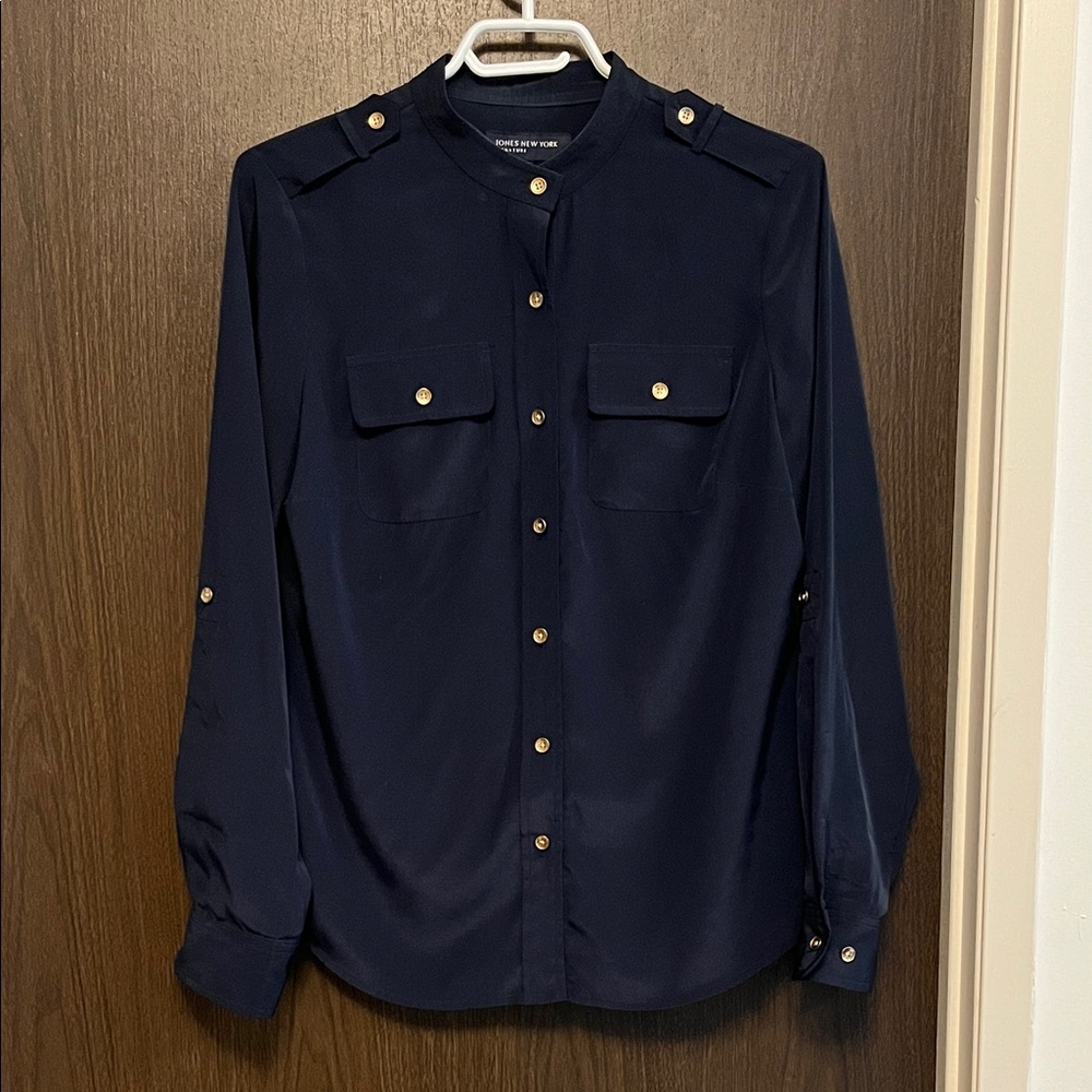 Jones New York Navy Blouse with Gold Buttons